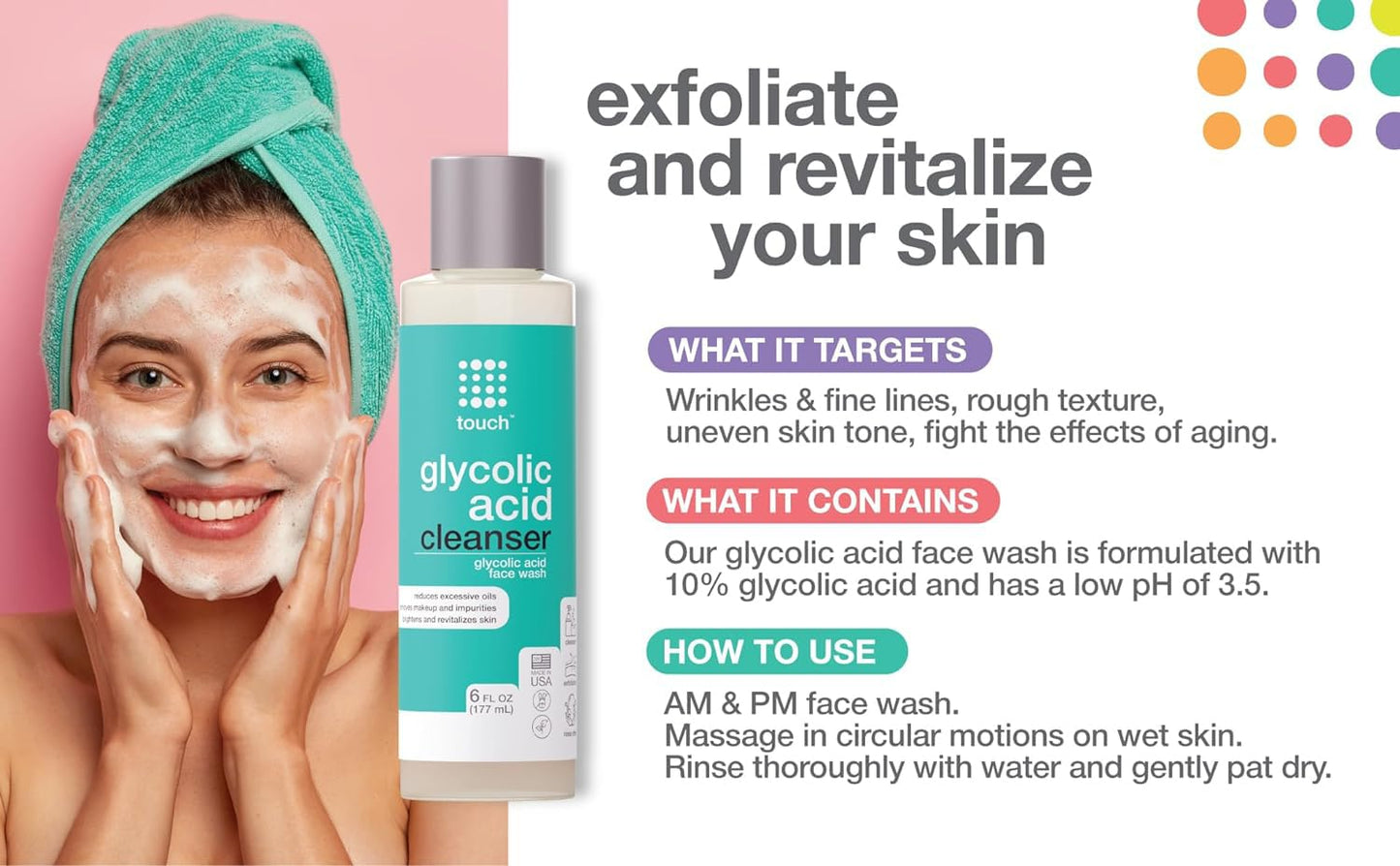 10% Glycolic Acid Face Wash - Exfoliating, Non Drying & Foaming AHA Cleanser - Anti-Aging, Skin Tone & Texture, Wrinkles, Pores, Blackheads - Sulfate