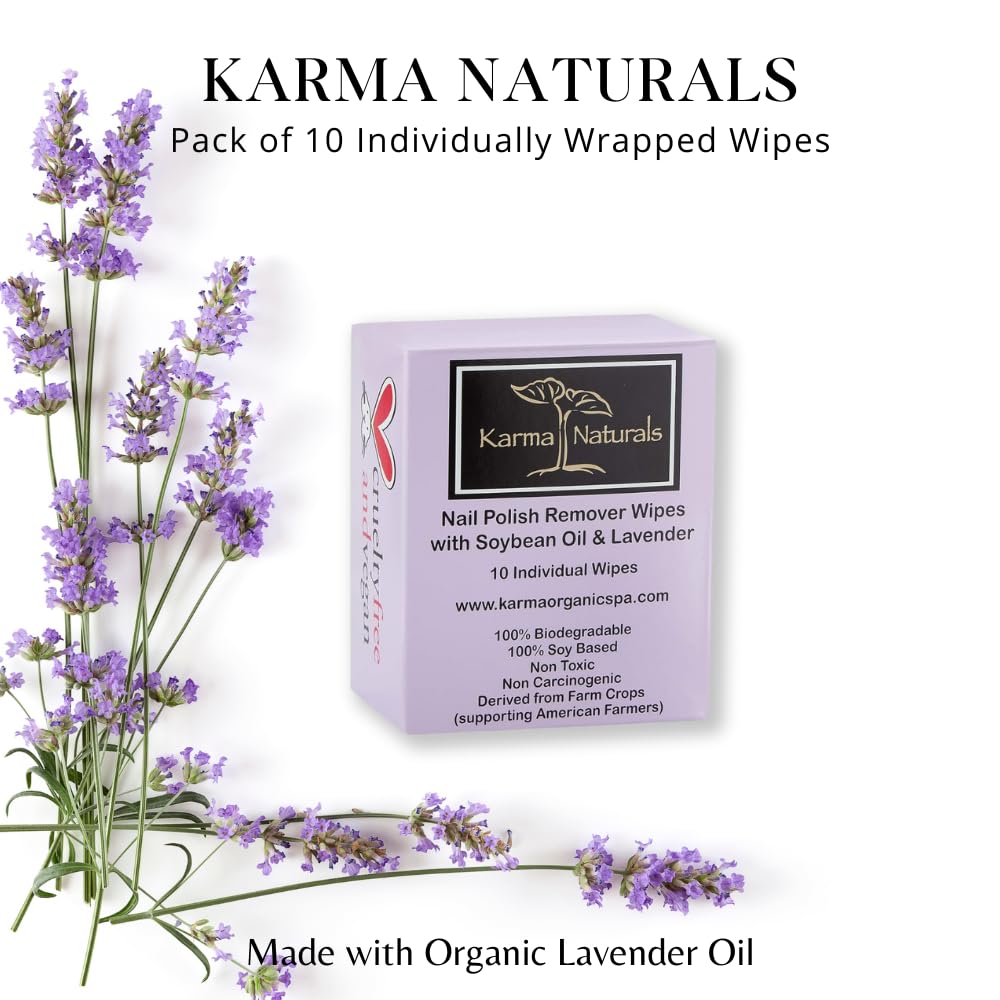 Karma Organic Natural Nail Polish Remover Wipes with Soybean and Lavender Oil, 100% Soy Based, Non-Toxic, Vegan, Cruelty-Free - Pack of 10