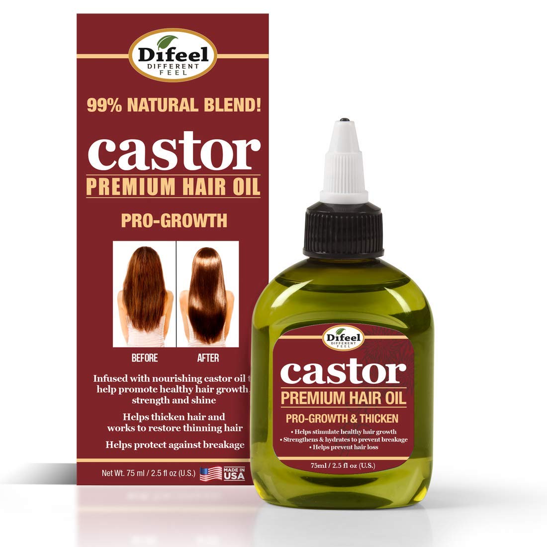 Difeel Castor Pro-Growth Hair Oil 2.5 oz. - Made with Natural Castor Oil for Hair Growth
