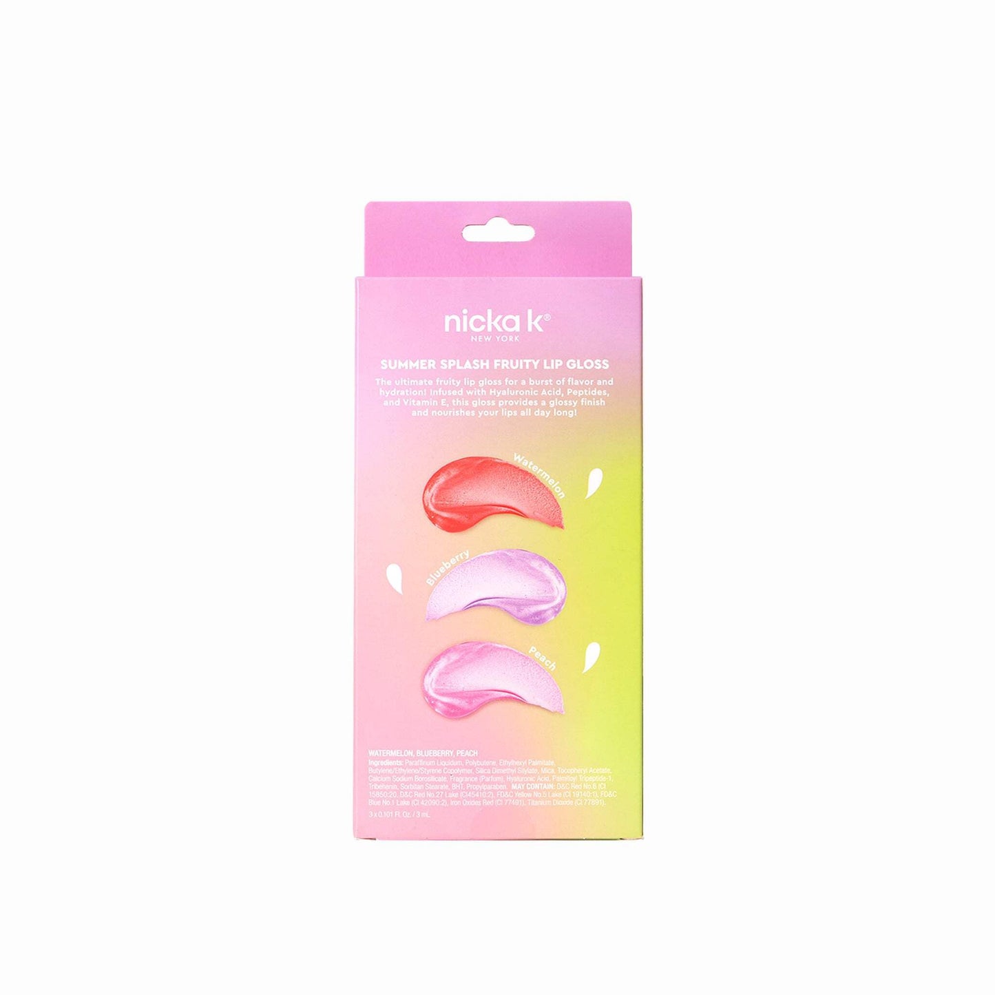 NICKA K NEW YORK Summer Splash Fruity Lip Gloss Set - Watermelon, Blueberry & Peach - Hydrating, Non-Sticky, Long-Lasting Shine (MLGFR2 Summer Splash)