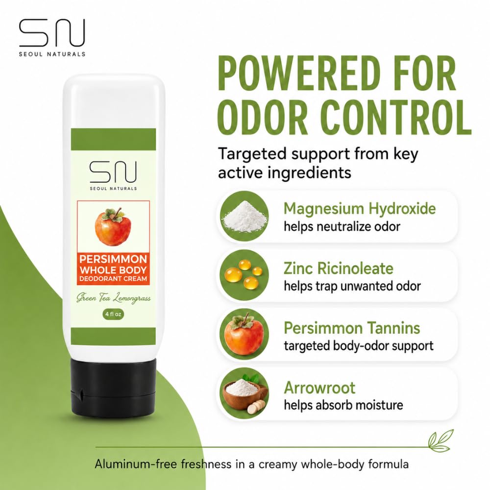 Seoul Naturals Persimmon Whole Body Deodorant Cream 2 Pack, Green Tea Lemongrass Scented, Eliminates Nonenal Odors, k beauty inspired, 8fl oz, 2 x 4fl Beauty and Personal Care Seoul Naturals