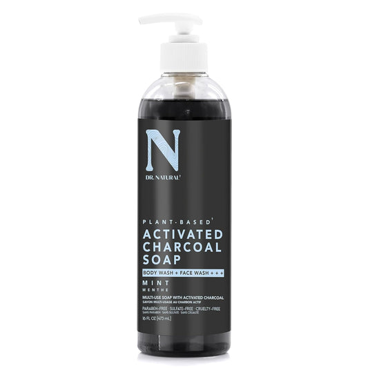Dr. Natural Activated Charcoal Liquid Soap - Combat Acne and Blemishes - Deep Cleansing Body Wash - Gentle Body Soap for Clear Skin - Mint - 16 oz..