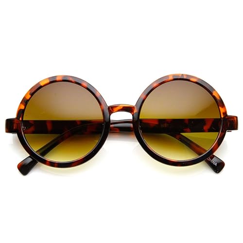 zeroUV Classic Retro Style Shiny Plastic Round Circle Sunglasses (Tortoise Amber)