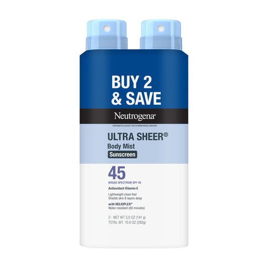 Neutrogena Ultra Sheer Sunscreen Spray SPF 45 Body Mist, Lightweight Non-Greasy Broad Spectrum UVA/UVB Protection, Oil-Free & Non-Comedogenic Water