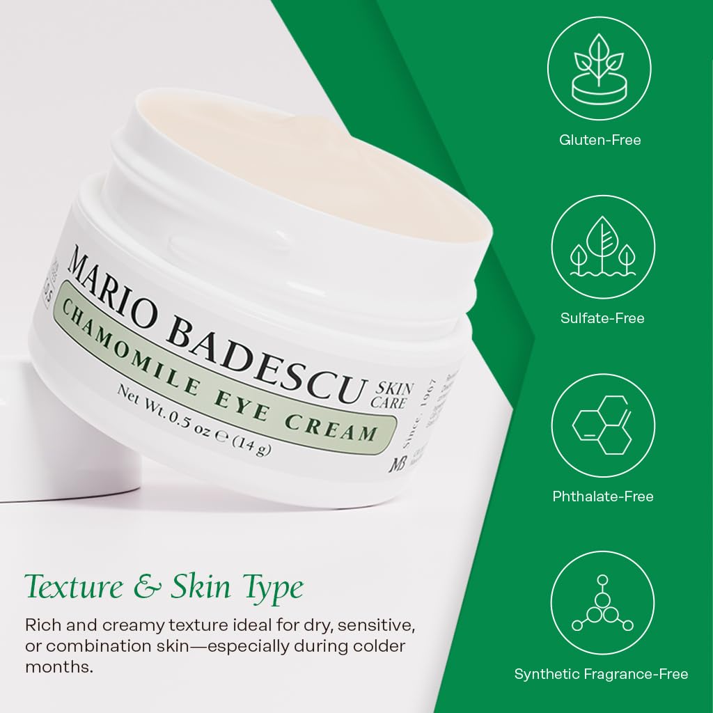 Mario Badescu Chamomile Eye Cream for Combination, Dry or Sensitive Skin, Luxurious & Soothing Eye Care Formulated with Vitamin A & E Oils, Pack of 1