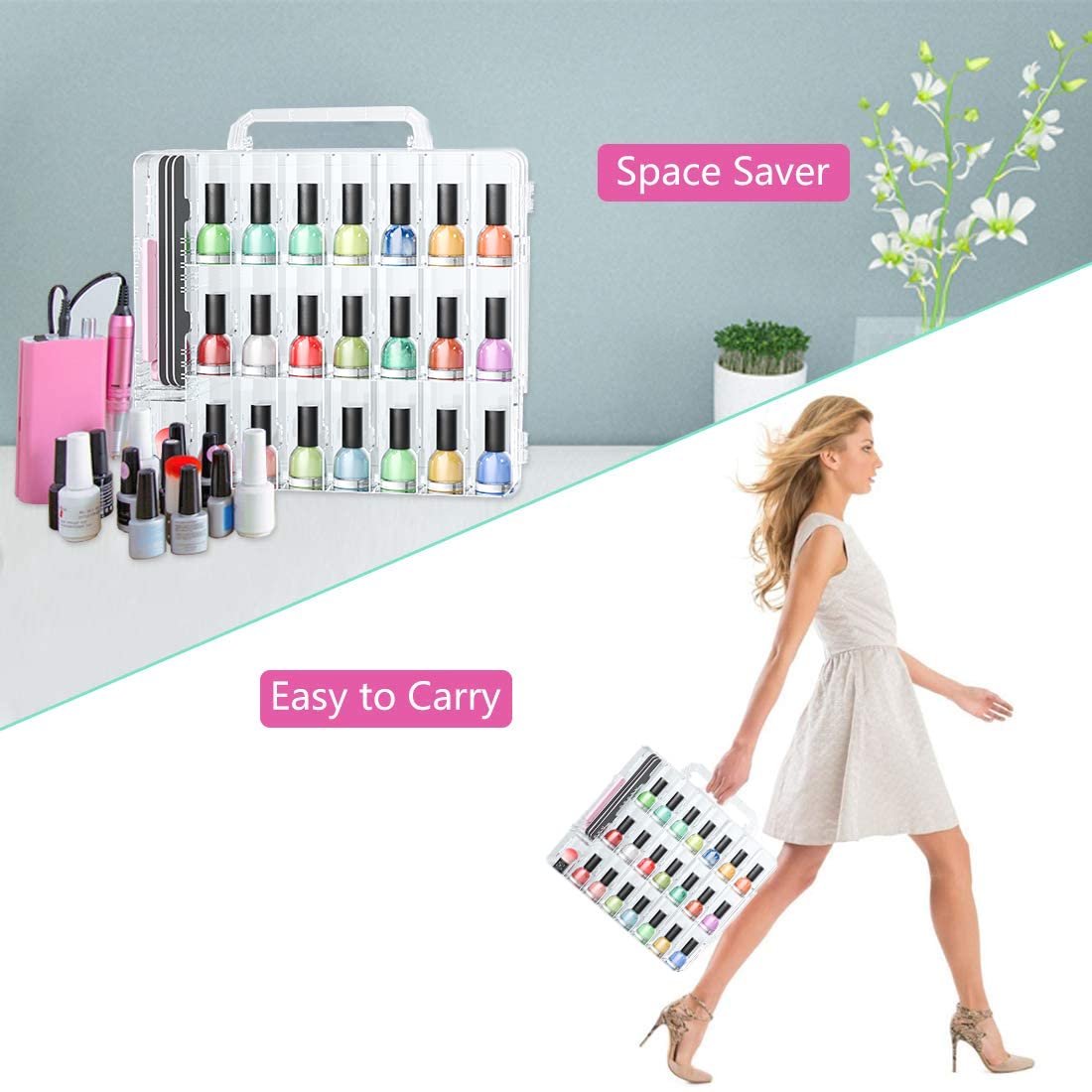 JIASHENG Nail Polish Organizer Case for 48 Bottles, Gel Nail Polish Storage Holder Double Side Adjustable Space Divider for Acrylic Nail Gel Dip
