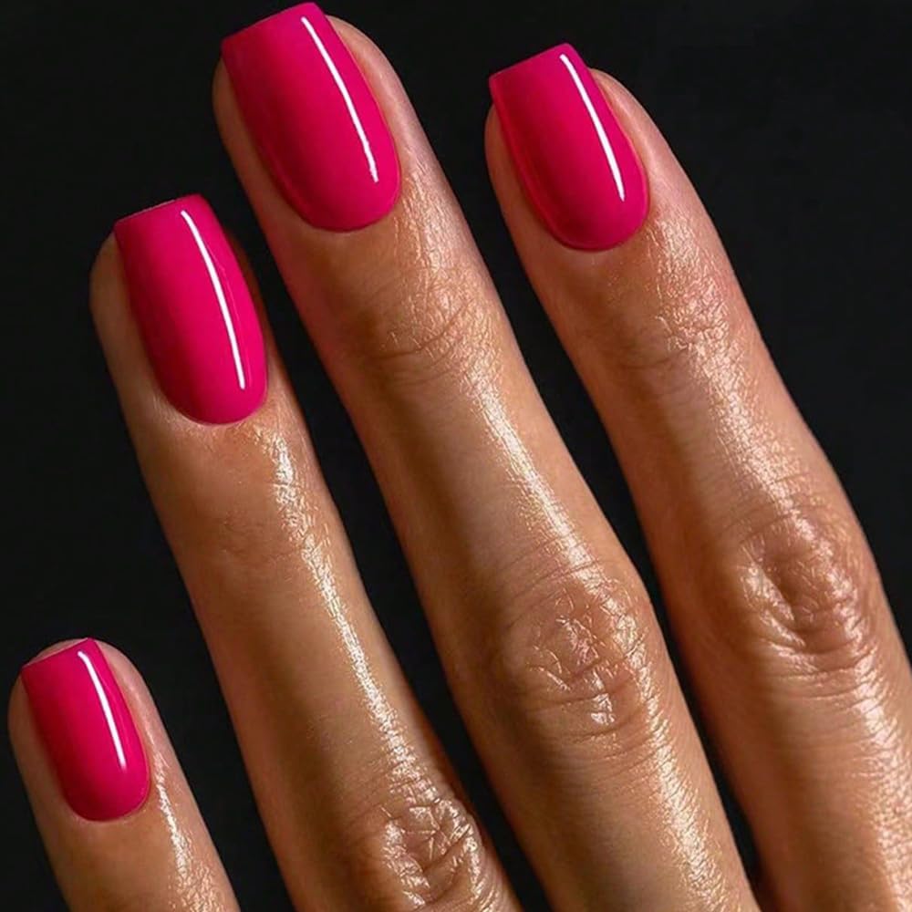Gel Nail Polish Press on Nails Short, Handmade Hot Pink Fake Nails Medium Square Shape UV Jelly Finish Glue on Nails for Women Acrylic False Nail Kits