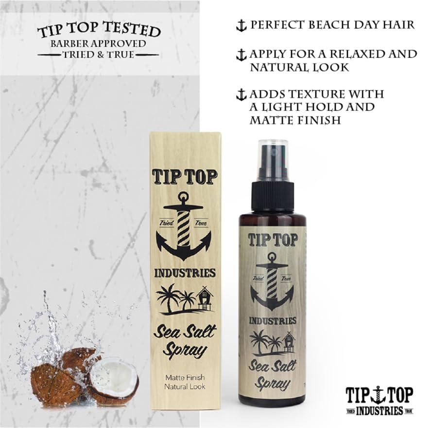 Tip Top Sea Salt Spray - Coconut Scent - Texturizing Matte Finish, Creates Beach Day Waves - For A Natural Relaxed Textured Hairstyle - 5 Fl Oz
