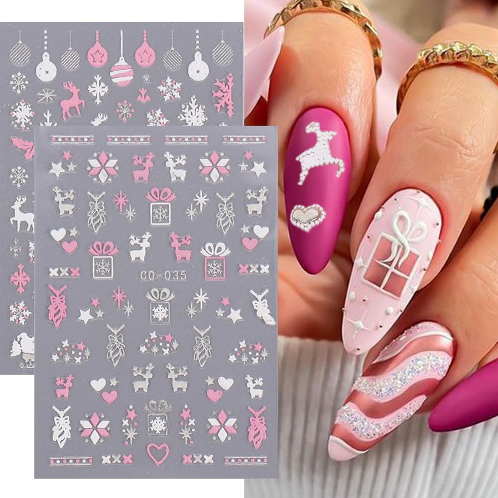 Christmas Nail Art Stickers, 8Sheets 5D Embossed Snowflake Nail Decals Pink White Snowflake Bell Elk Snowmen Xmas Tree Winter Nail Design DIY