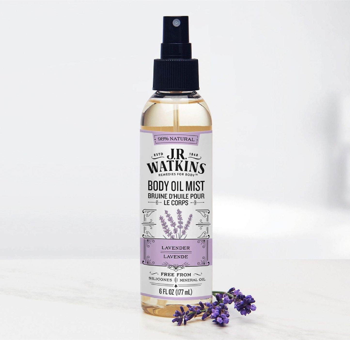 J.R. Watkins Natural Hydrating Body Oil Mist, Moisturizing Body Oil Spray for Glowing Skin, and Cruelty-Free, Lavender, 6 fl oz, Single