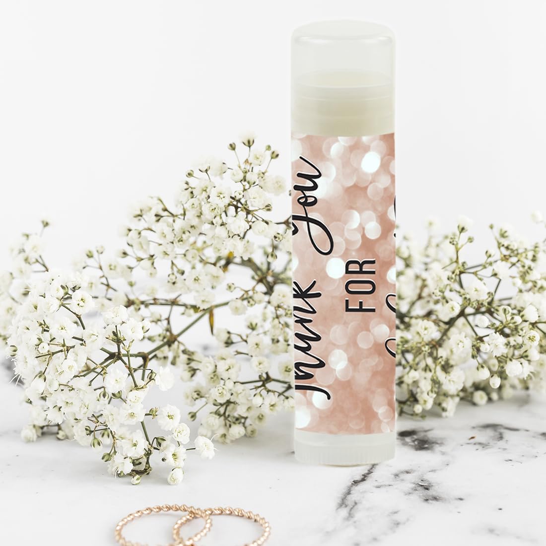 Andaz Press Bridal Shower Bachelorette Party Lip Balm Party Favors, Faux Rose Gold Glitter Shimmer, Thank You for Celebrating With Us, Bridesmaid Lip
