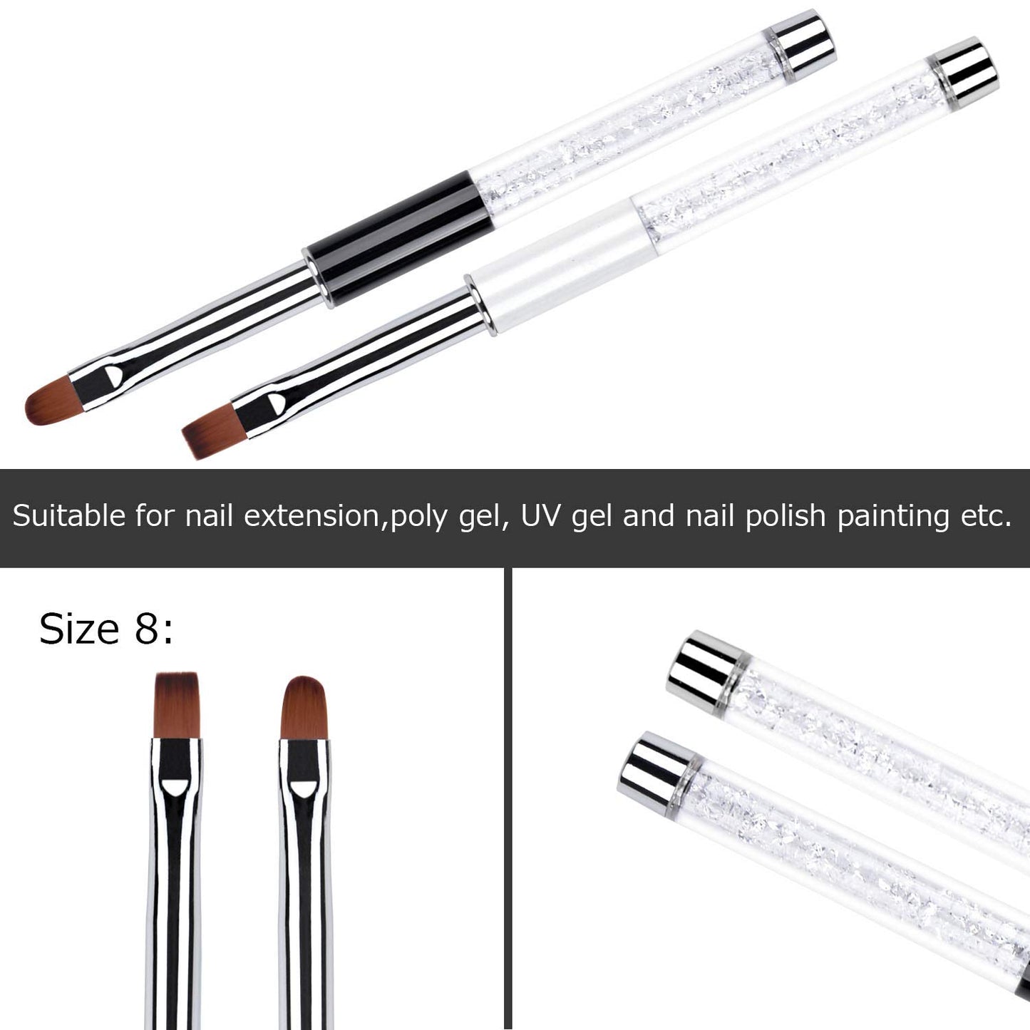 Ycyan 2Pcs Oval & Flat UV Builder Gel Nail Brush Set Rhinestone Handle Professional Nail Art Design Brushes for Polygel Hard Gel