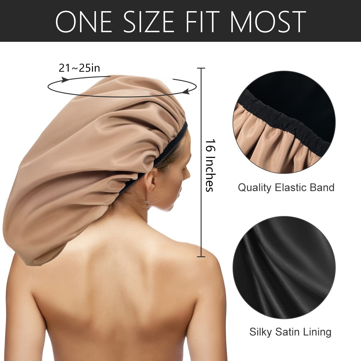 Auban Extra Large Shower Cap for Braids, Double-Layer Waterproof Reusable Satin Lining XL Shower Cap for Women Long Hair, Locs, perms (khaki)