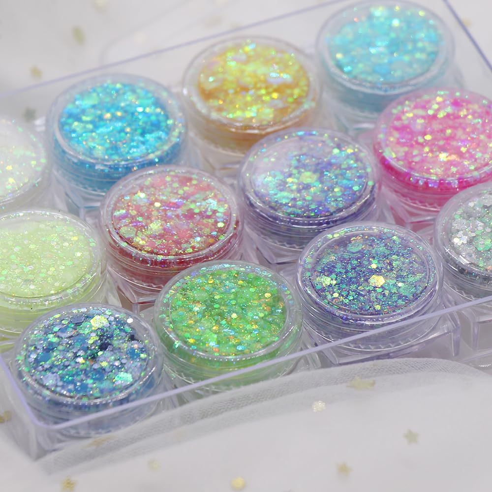 IYARKAI® Glitter Gel Makeup, Iridescent Glitter Set 12 Colours, Glitter Powder Kit, Glitter Cosmetic for Face Nails Eyes Lips Hair Body, Music