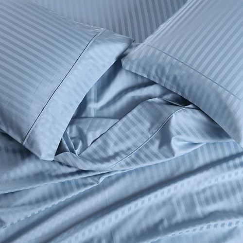 Damask Striped 650-Thread-Count, Cotton Blend, Set of 2 King Size Soft Wrinkle Resistant Pillow Cases, Blue