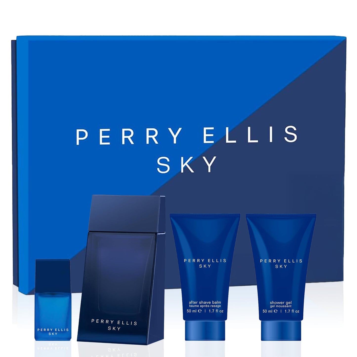 Perry Ellis Sky 4-Piece Men's Gift Set - 3.4 oz eau de toilette, 1.7 oz aftershave, 1.7 oz shower gel, .25 oz EDT mini travel spray