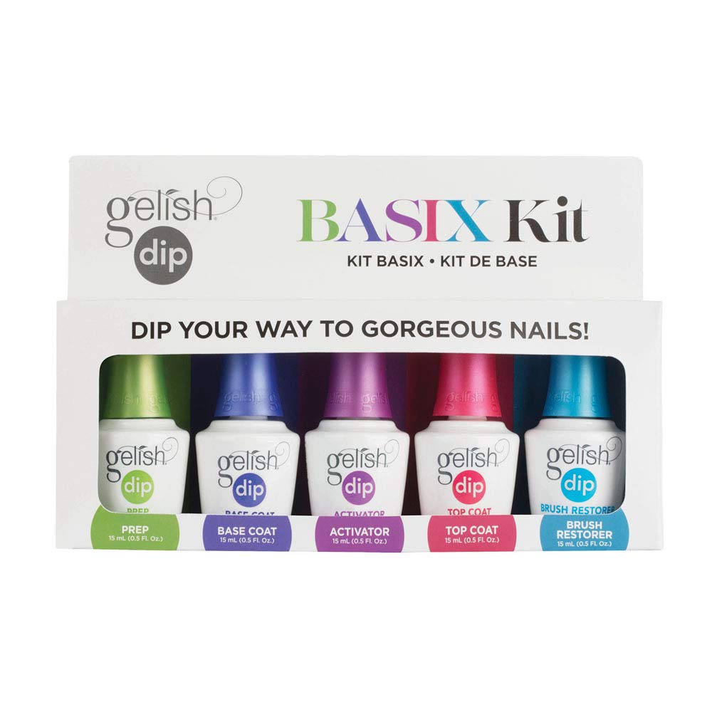 Gelish Dip Basix Kit - Prep, Base Coat, Activator, Top Coat & Brush Restorer - Easy, Odor-Free, No UV or LED Lamp Required for Long-Lasting