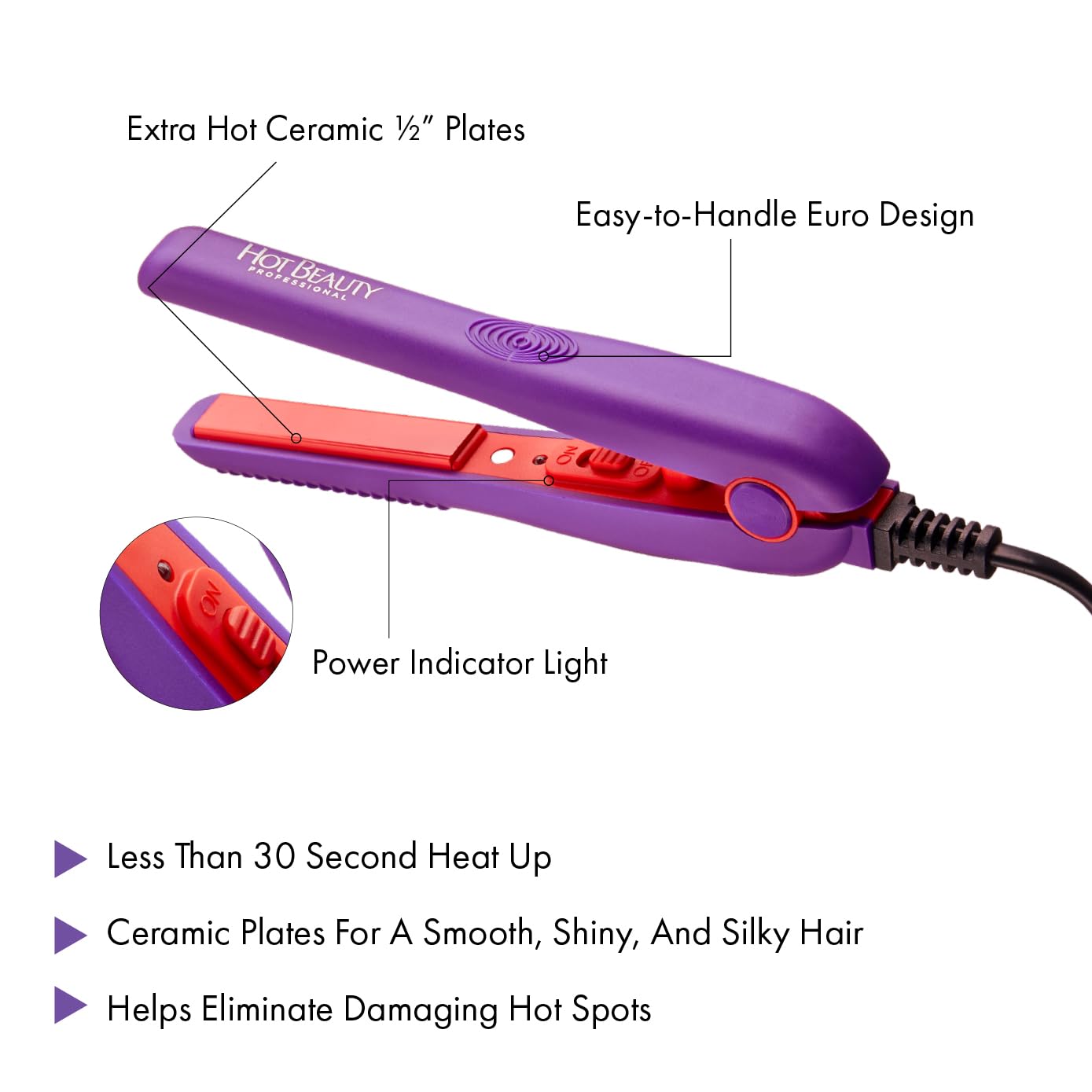 Hot Beauty Professional Ceramic Mini Flat Iron 1/2", Anti-Frizz, Fast Heating, Versatile Styling for Curly & Straight Hair, Ideal for Traveling