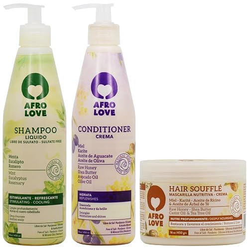 Afro Love Hair Care Set - Shampoo (16oz), Conditioner (16oz), and Hair Soufflé (16oz) - Moisturizing & Nourishing for Curly, Kinky & Coily Hair