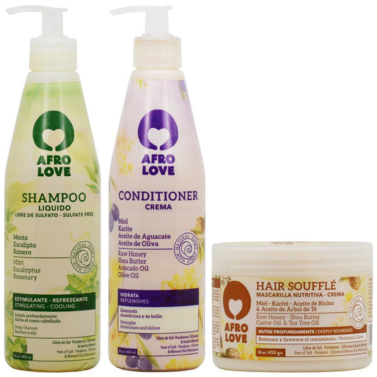 Afro Love Hair Care Set - Shampoo (16oz), Conditioner (16oz), and Hair Soufflé (16oz) - Moisturizing & Nourishing for Curly, Kinky & Coily Hair