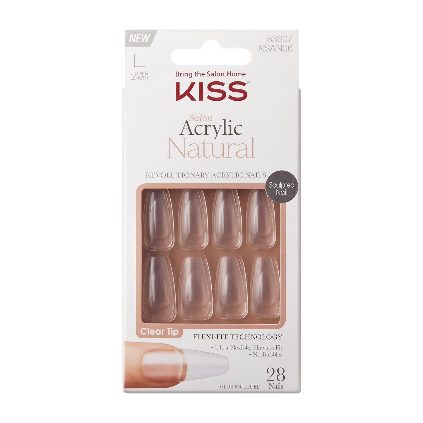 KISS Salon Acrylic Natural Nails, Clear Tip, Long, Ultra-Smooth Finish, DIY At-Home Manicure Kit with Pink Gel Nail Glue, Mini File, Manicure Stick