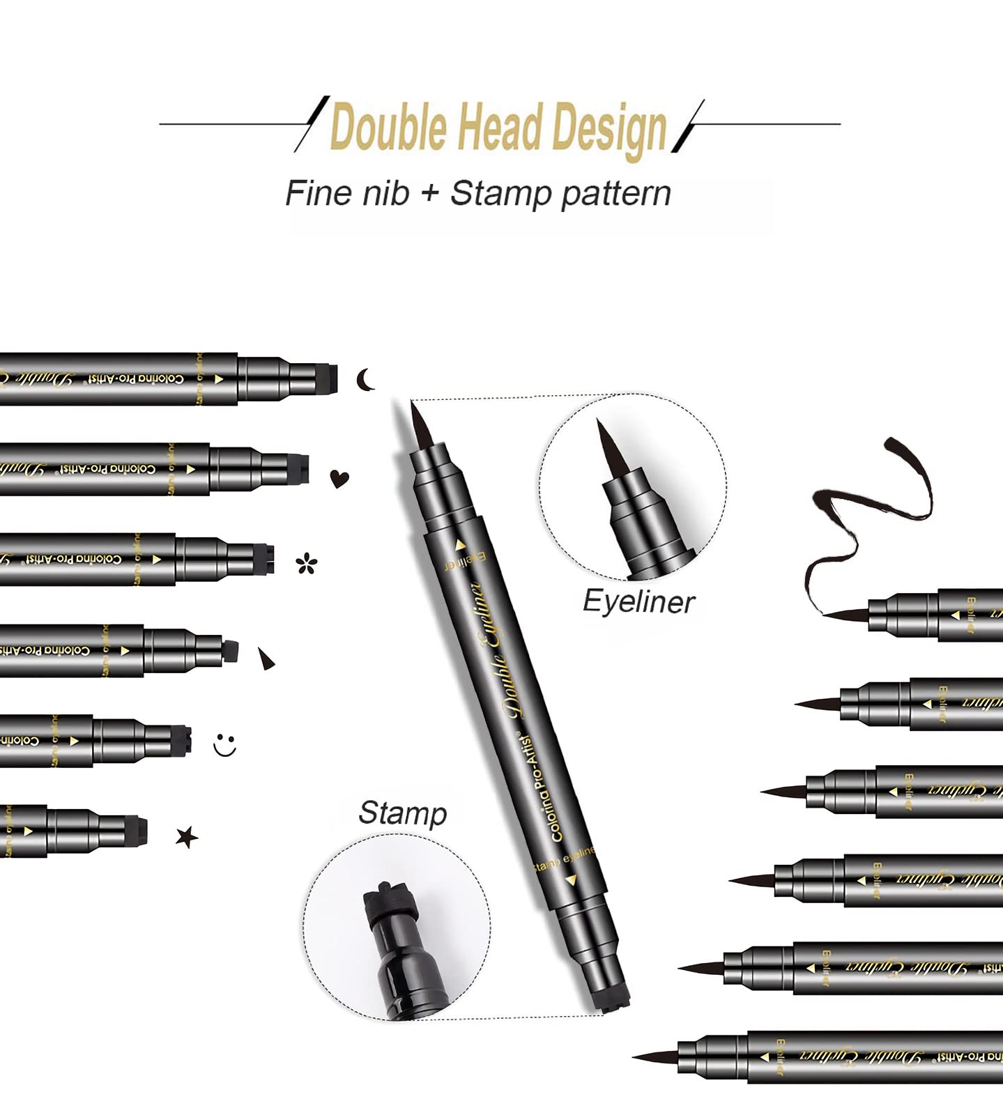 SUMEITANG 6 Pcs Double-headed Eyeliner Stamps Set Black Liquid Eye Liner Pen With Star,Moon,Heart,Flower,Smiley,Triangle Stamp Stencils Shapes