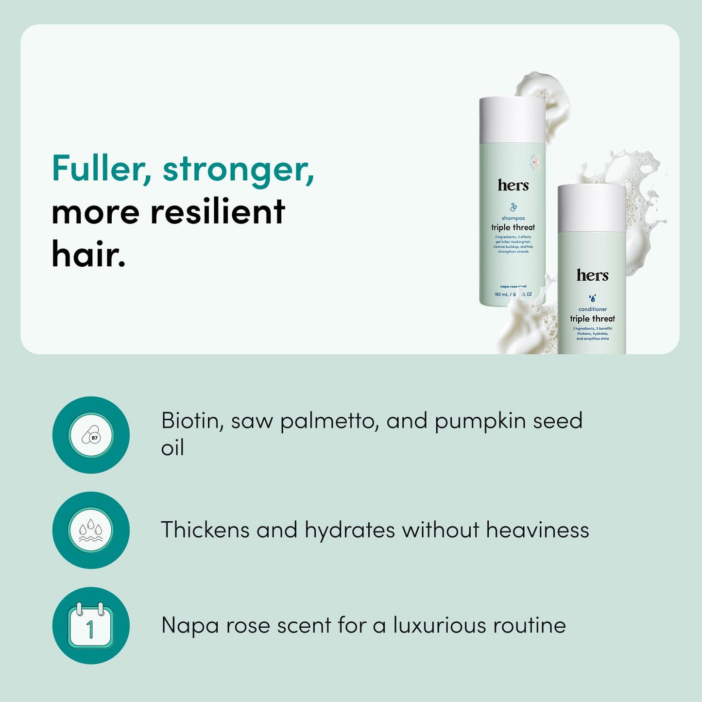 hers Triple Threat Shampoo & Conditioner Set - Biotin, Saw Palmetto, & Pumpkin Seed Oil Formula - Thickens & Hydrates - Color-Safe, Paraben-Free