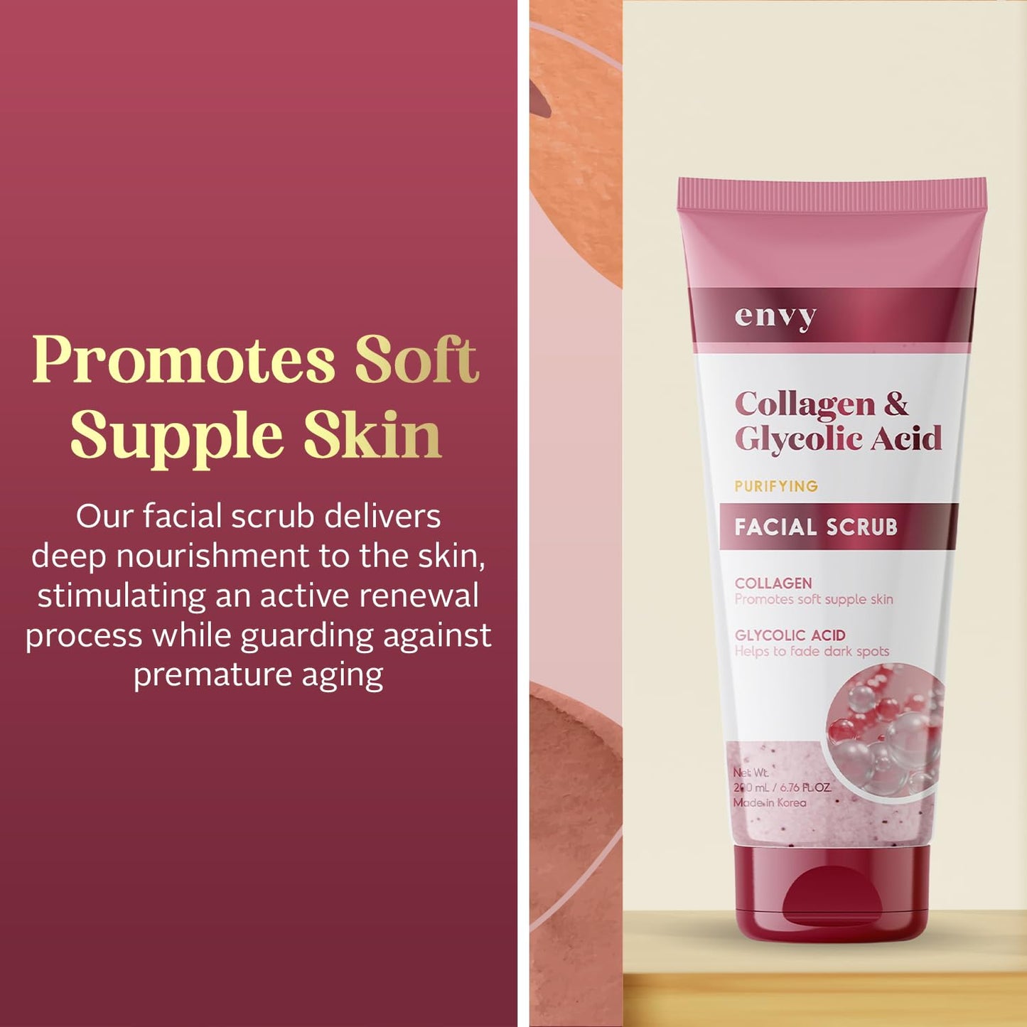 Envy Collagen & Glycolic Acid Face Scrub - Anti-Aging, Softening & Dark Spot Improving Exfoliating Scrub - Dermatologist Tested, Clean Beauty for All