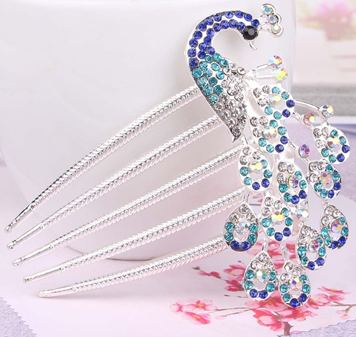 Wedding Bridal Headpiece Rhinestone Hair Comb Women Peacock Hair Clip Side Comb Hair Accessory(Blue)