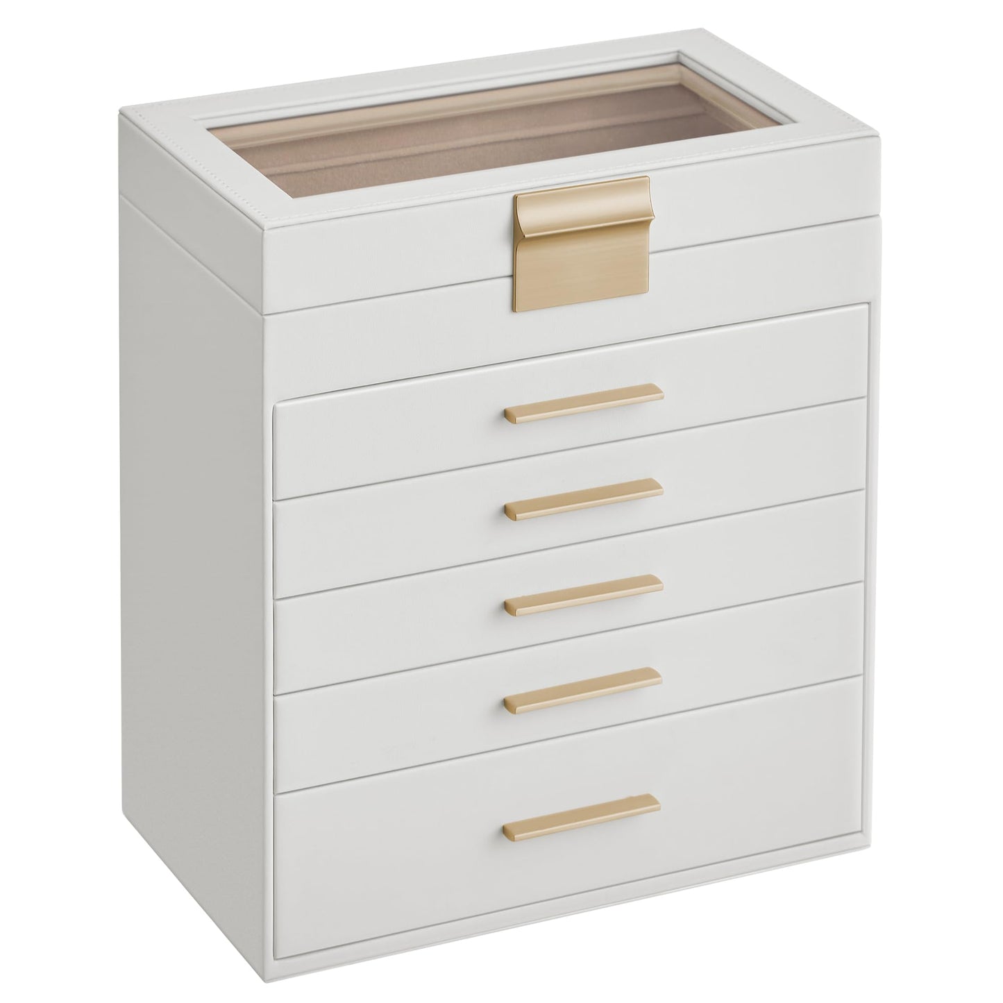 SONGMICS Jewelry Box Organizer with Glass Lid, 6-Layer Jewelry Storage, with 5 Drawers, Modern Style, 6.4 x 9.9 x 11.4 Inches, Cloud White and Gold…