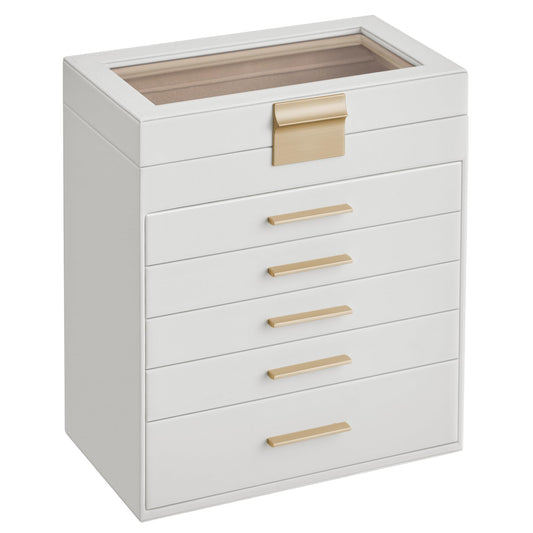 SONGMICS Jewelry Box Organizer with Glass Lid, 6-Layer Jewelry Storage, with 5 Drawers, Modern Style, 6.4 x 9.9 x 11.4 Inches, Cloud White and Gold…