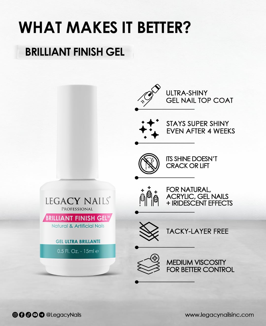 Legacy Nails Professional BRILLANT FINISH GEL 0.5oz - High-Gloss Top Coat for Natural, Acrylic, Gel, Fiberglass & Silk Nails - Chip-Resistant Beauty & Personal Care LEGACY NAILS