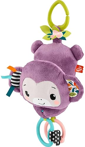 Fisher-Price Baby Stroller Toy Sing & Go Purple Monkey Musical Sensory Plush with Crinkle & Clackers for Newborns from Birth+
