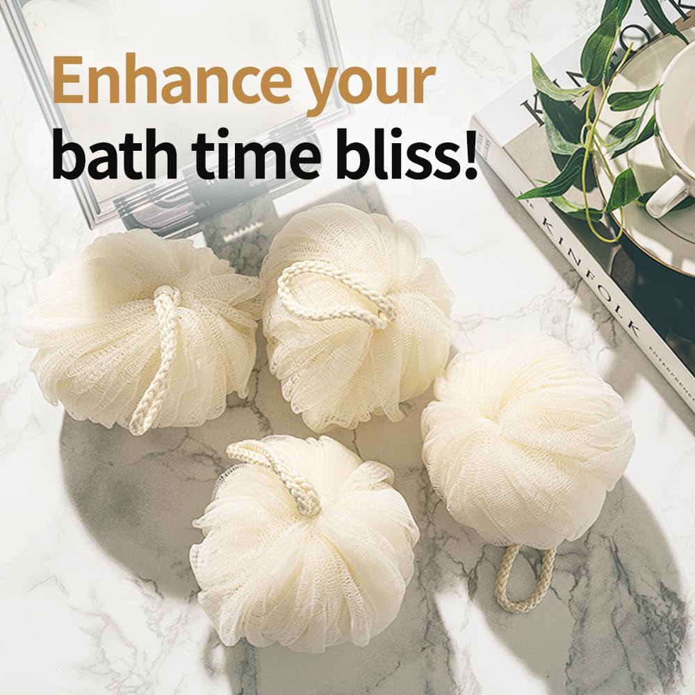 SOFTGOOD Shower Loofah Pouf Bath Ball, Deep Cleansing Sponge Scrubber, Luxurious Lather, Quick Drying, for Men and Women, Ivory, Pack of 4 Beauty and Personal Care SOFTGOOD