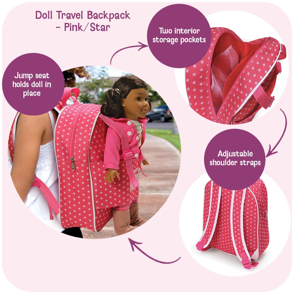 Badger Basket Doll Travel Backpack for Dolls - Stylish, Durable Carrying Case with Clear Storage Pockets - Best for On-the-Go Play and Doll Accessories - Design in Pink & White Stars