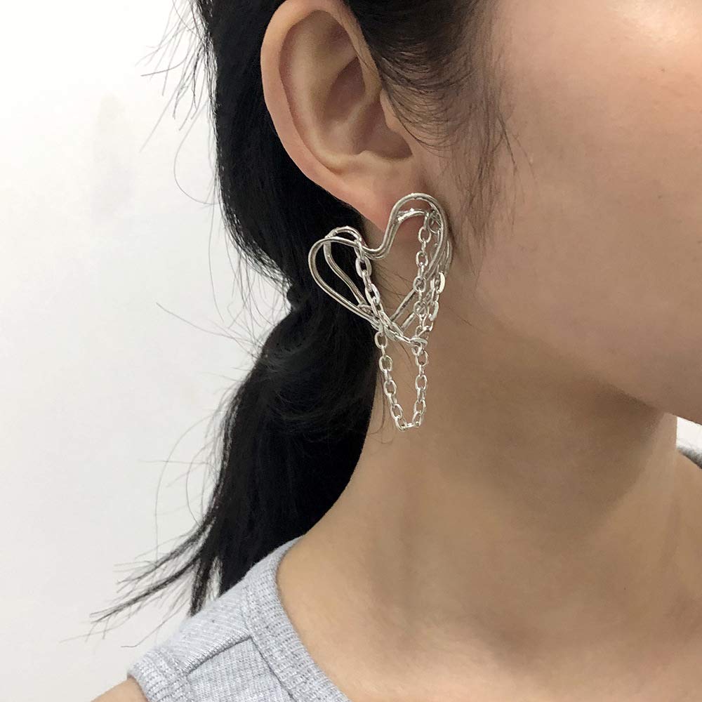 JWICOS Tassel Chain Drop Dangle Double Layer Big Heart Hoop Earrings for Women Punk Style (Silver)