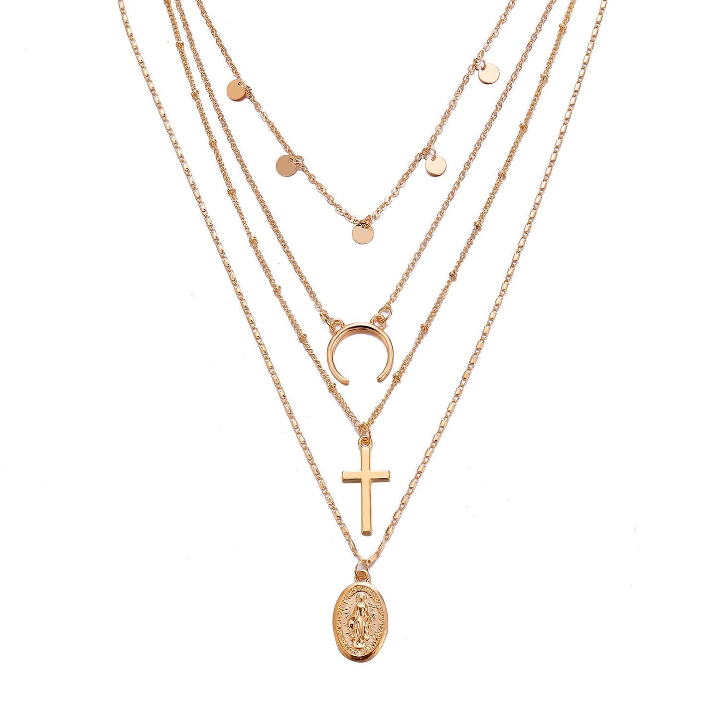 DoubleNine Boho Layered Necklace with Coin Cross Moon Crescent Saint Charm Jewelry Retro Accessories for Women Girls