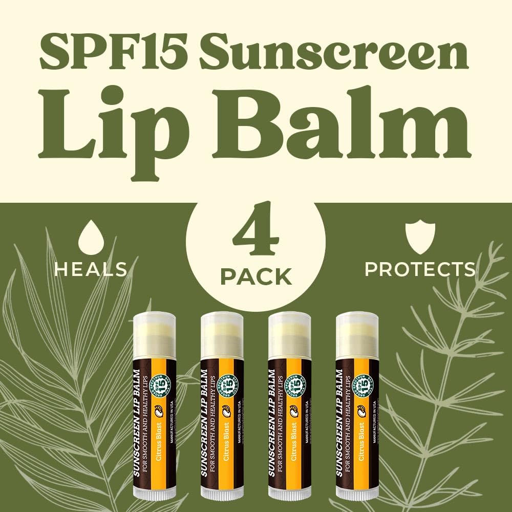 Earth's Daughter SPF Lip Balm 4-Pack Citrus Flavor Stocking Stuffers - Lip Sunscreen, SPF 15, Organic Ingredients, Beeswax, Coconut Oil, Vitamin E