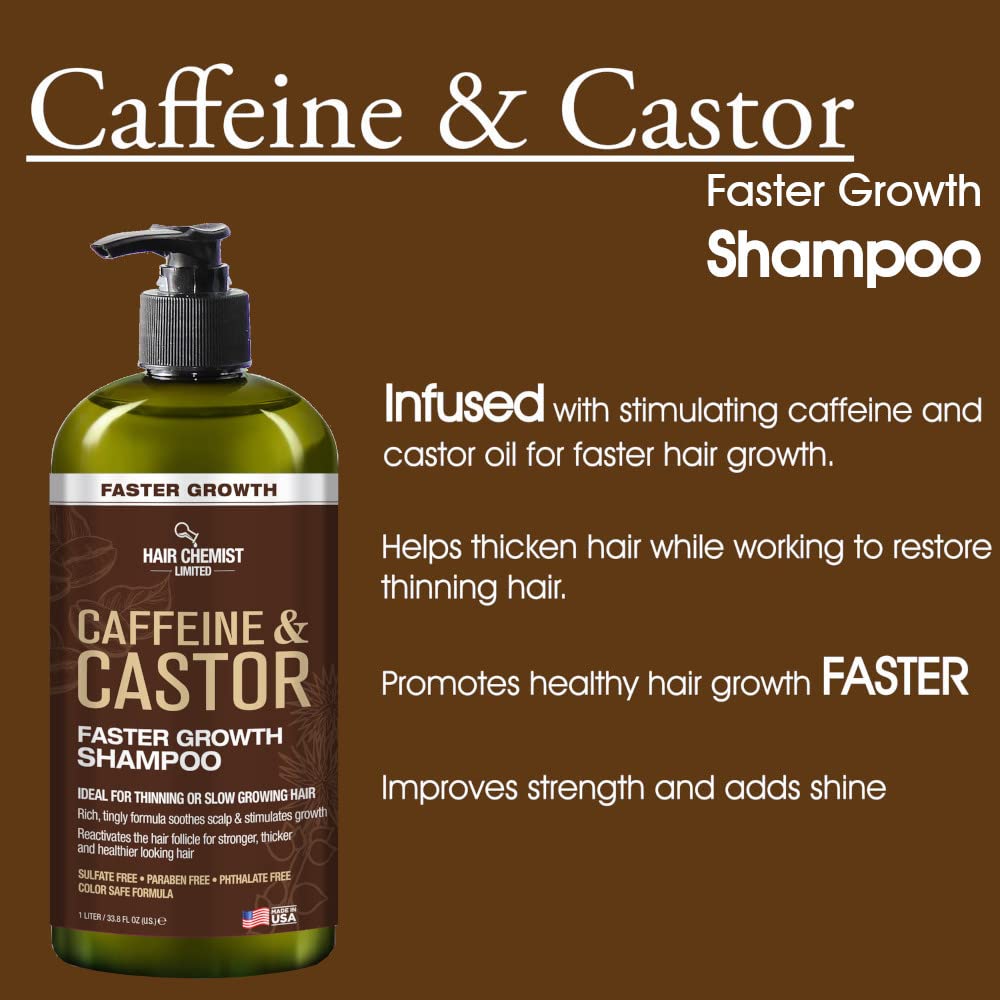 Hair Chemist Caffeine & Castor Large Shampoo/Conditioner/Hair Oil 3-PC Boxed Gift Set - Sulfate Free Shampoo & Conditioner for Growth