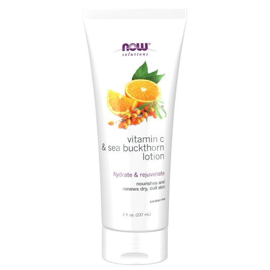 NOW Foods Solutions, Vitamin C and Sea Buckthorn Lotion, Hydrates, Repairs and Nourishes Dry Dull Skin, 8-Ounce