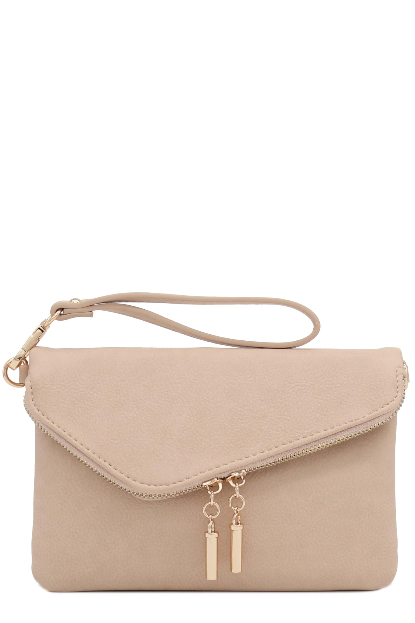 FashionPuzzle Envelope Wristlet Clutch Crossbody Bag with Chain Strap (Nude) One Size