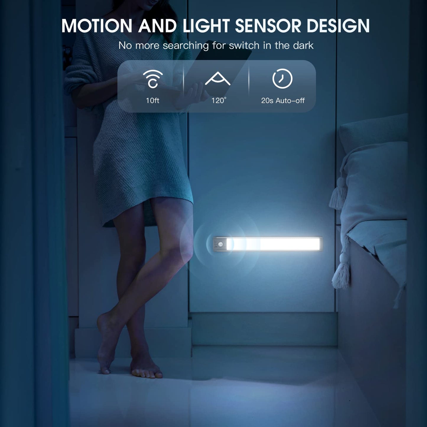MCGOR 10" Under Cabinet Lights – 2-Pack Rechargeable Motion Sensor, 5-Level Dimmable Magnetic LED for Kitchen, Closet, Stairs