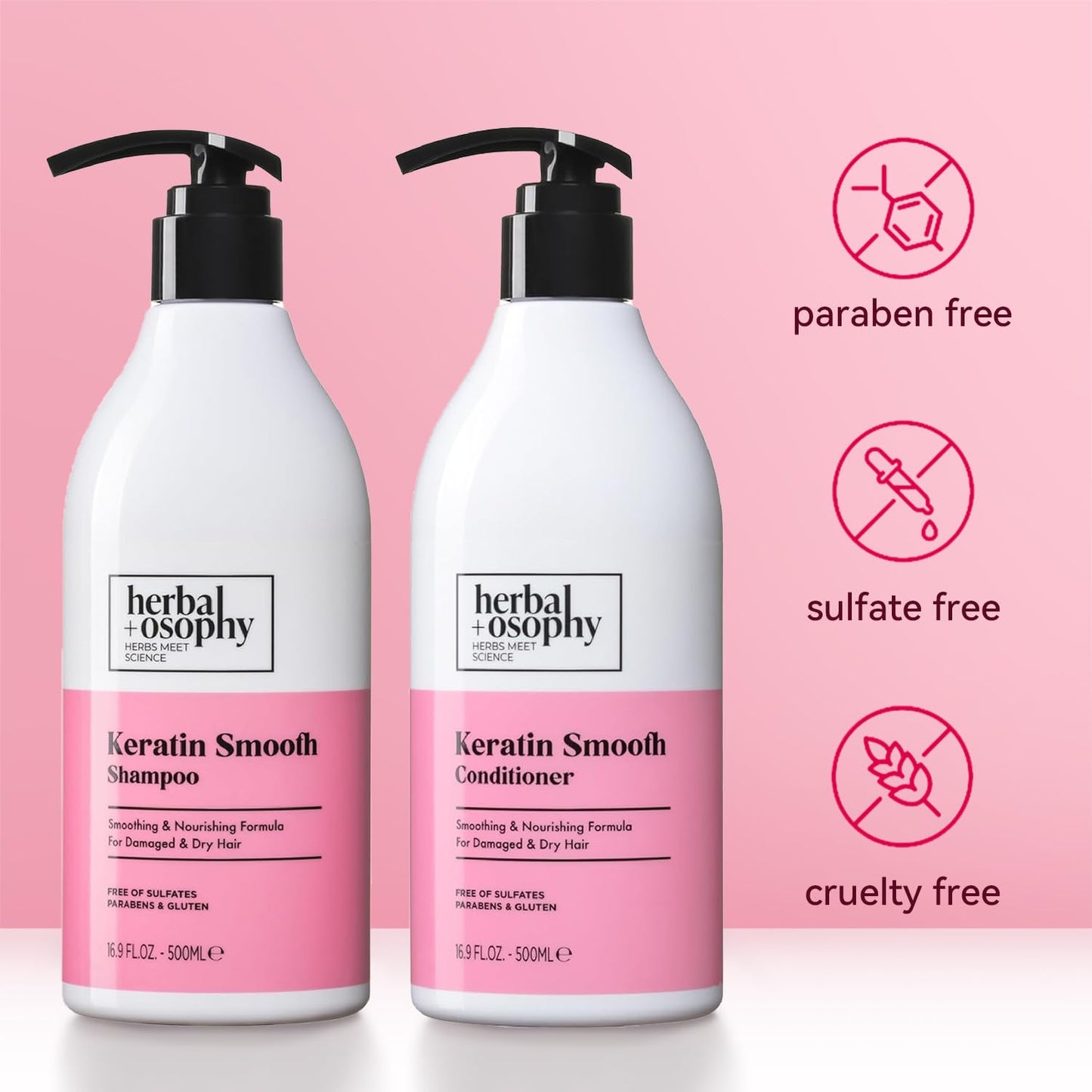 Herbalosophy Keratin Shampoo & Conditioner Set, Nourishing & Moisturizing Formula for Damaged & Dry Hair, Highly Hydrate & Repair for Color Treated