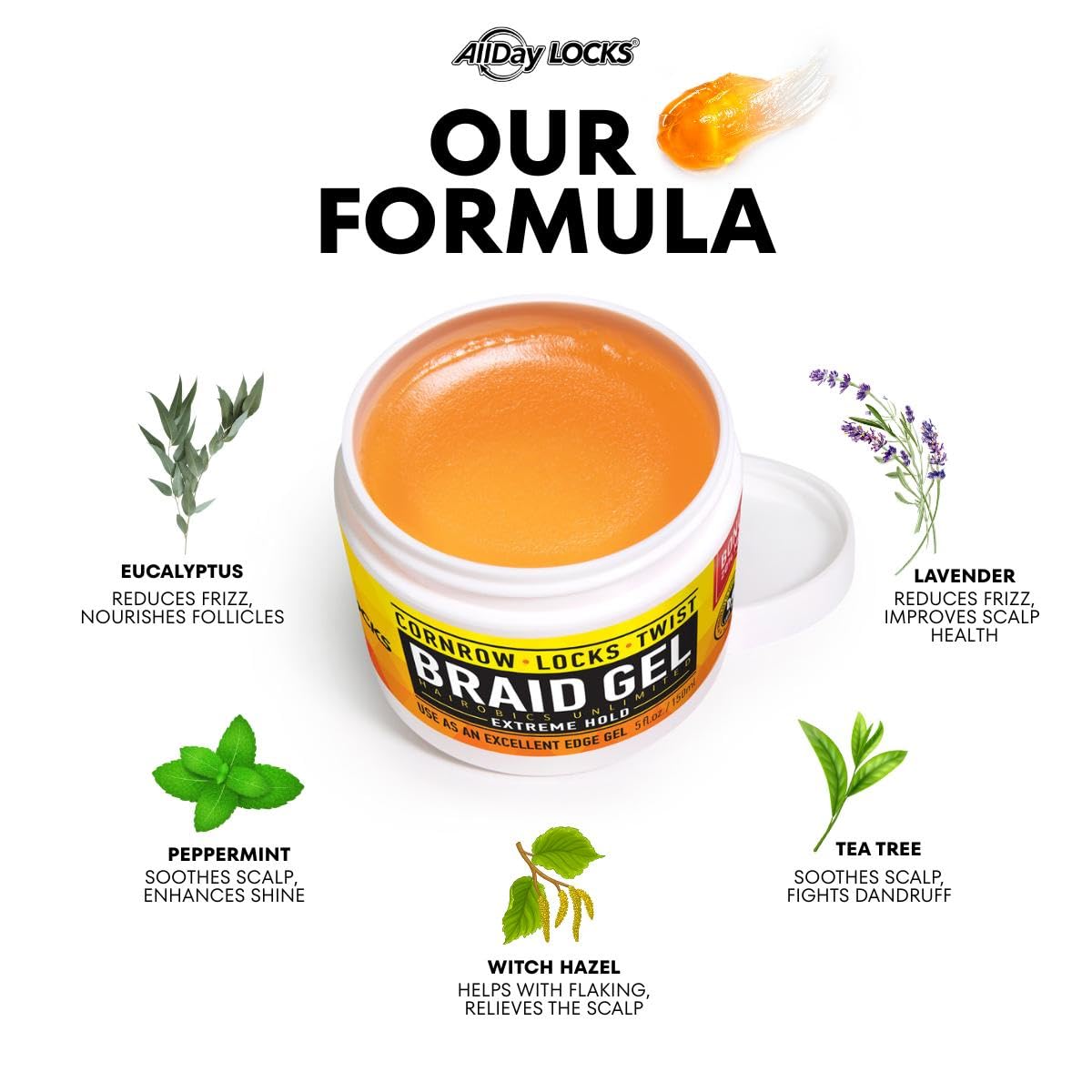 AllDay Locks Braid Gel (15 oz) | Extreme Hold, High Shine | Frizz & Flake-Free Edge Control | Tea Tree, Lavender, Peppermint Oil | Slick & Style