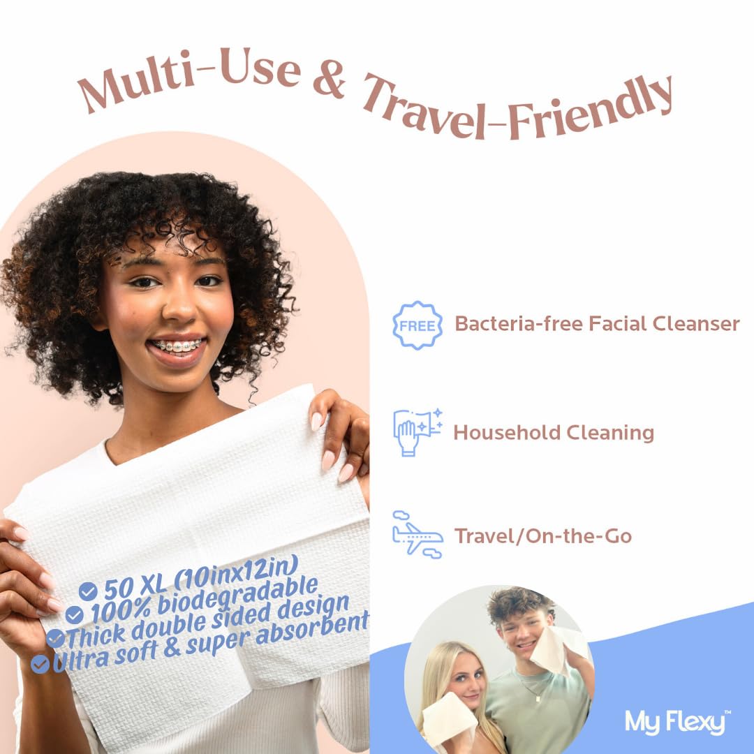 Disposable Biodegradable Face Towels XL for Skin Care & Makeup Remover Dry Wipes, Clean Facial Towel, Hypoallerganic Wash Cloth, Clean Face Towels