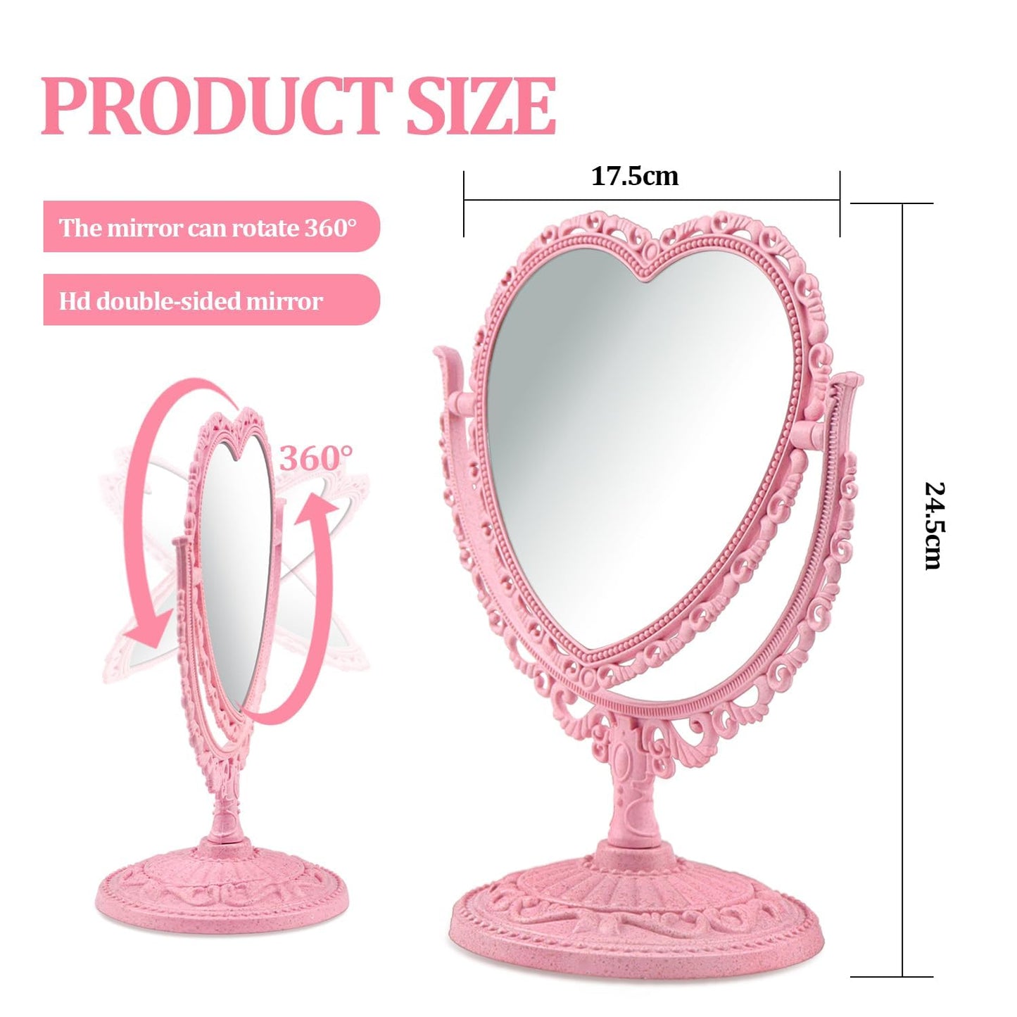 QEEYON Pink Heart Vanity Mirror - Double Sided 360 Degree Swivel - Aesthetic Makeup Cosmetic Mirror for Table Desk Countertop Dresser Coquette
