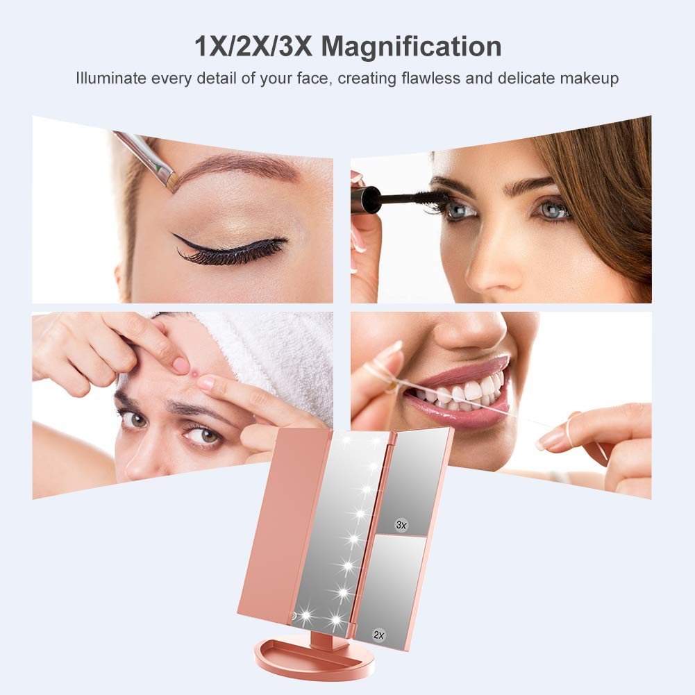WEILY Makeup Mirror with 21 LED Lights,Two Power Supply, Touch Screen and 1x/2x/3x Magnification Tri-Fold Vanity Mirror for Makeup Desk(Rose Gold)