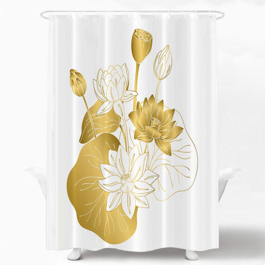 Shrahala Color Gold White Lotus Contour Decorative Shower Curtain for Bathroom - Asian Flower Symbol, Waterproof With Grommets, 72x72 Inch
