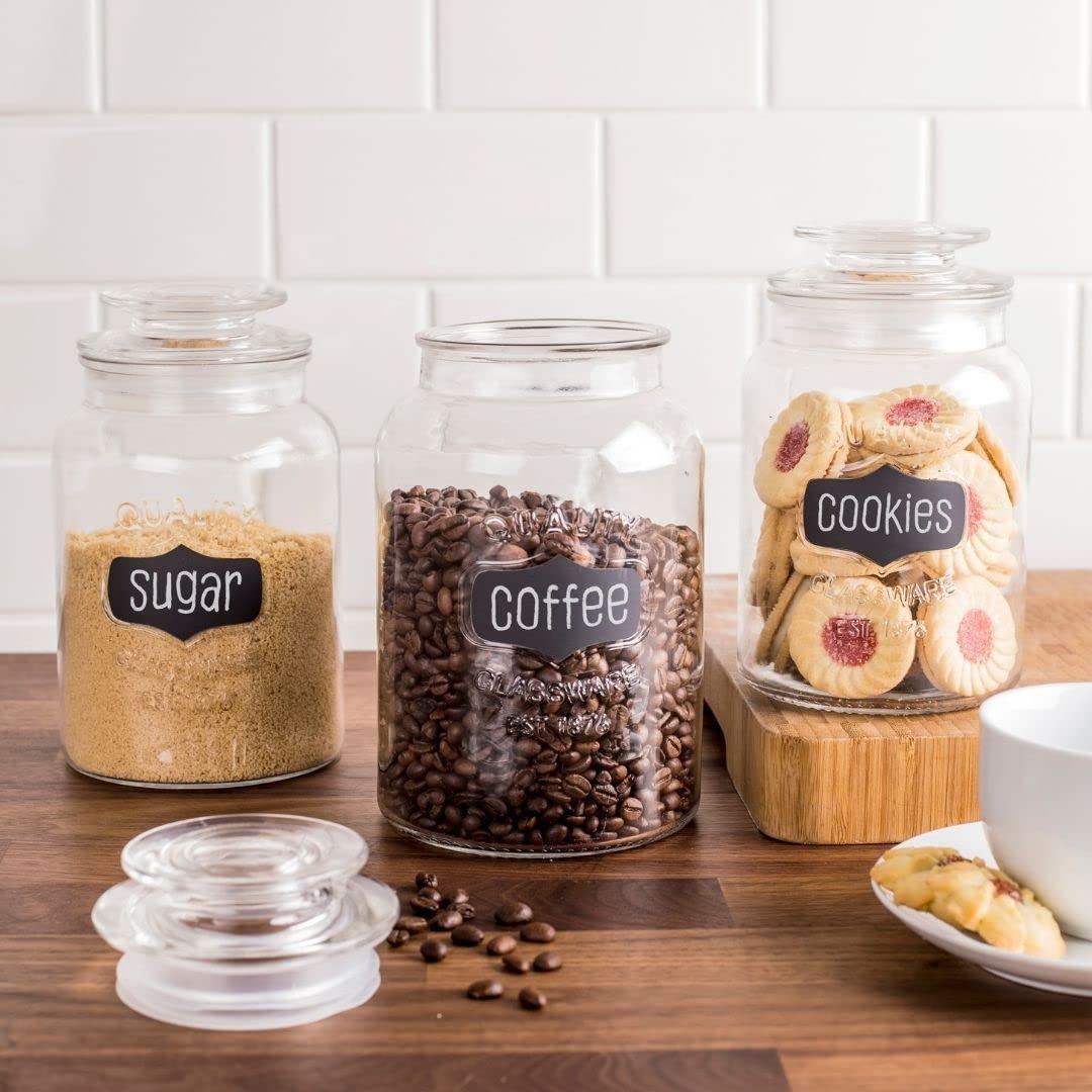 Glass Canister Set for Kitchen or Bathroom with Airtight Lid and Chalkboard Labels, Apothecary Glass Food Storage Jars,Set of 3 Cookie Jars, Candy…