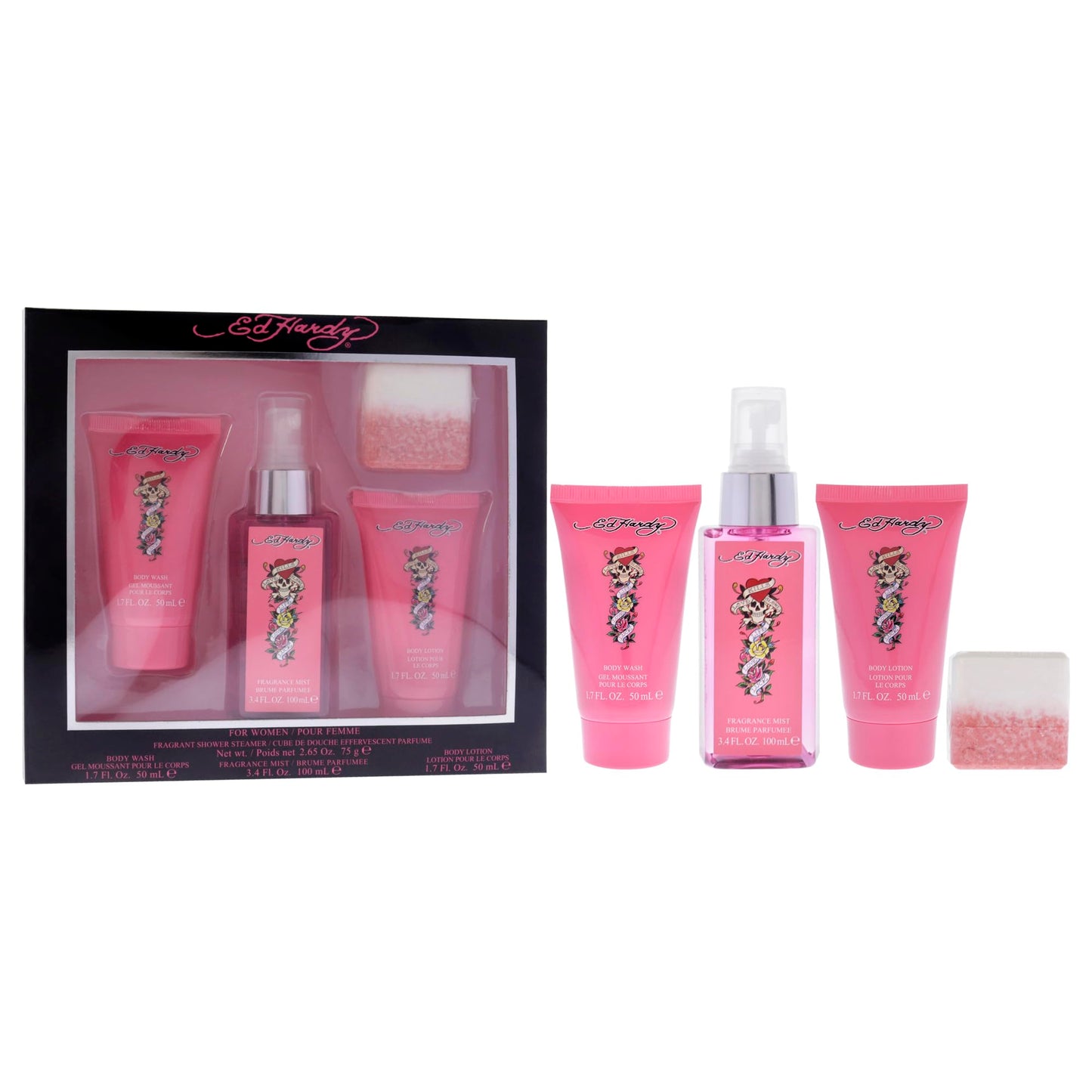 Ed Hardy 4 Pieces Gift Set for Women, (3.4 Ounce Body Mist + 1.7 Ounce Body Lotion + 1.7 Ounce Body Wash + 2.65 Ounce Shower Steamer)